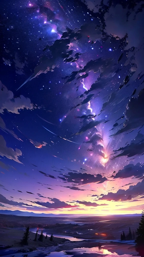 Pov from below, High resolution, Epic sky, full of stars, milky way galaxy, extreme details, twilight sky, mountains sun set, lake, reflection , coloured clouds