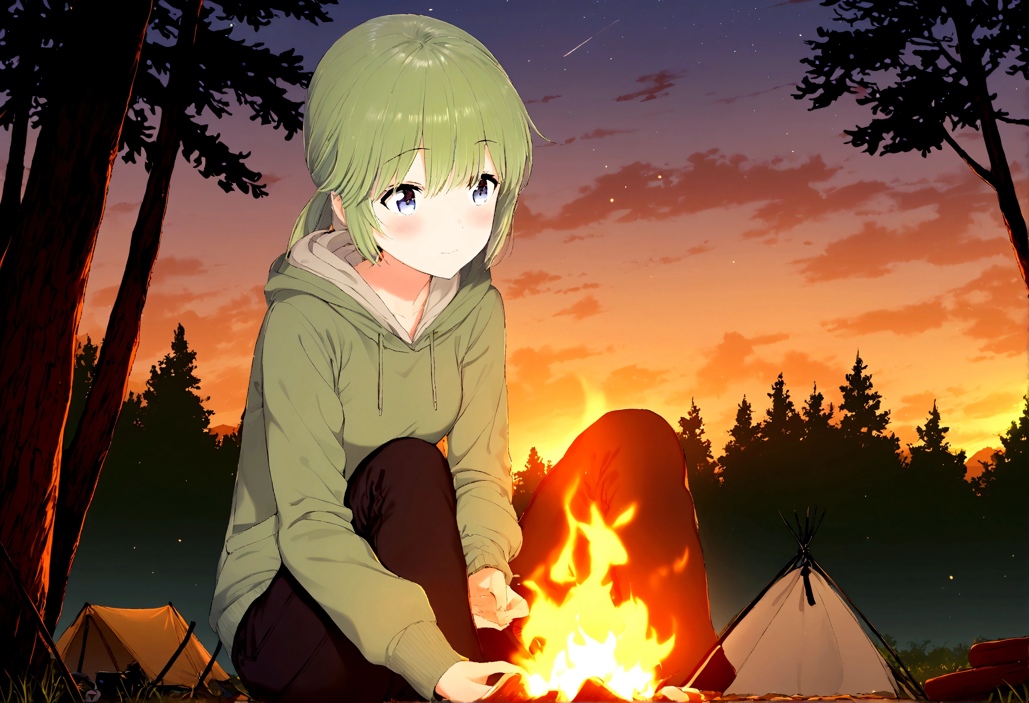 1 girl, light green hoodie, forest, camping, campfire, sitting on change in front of a campfire, sunset,
