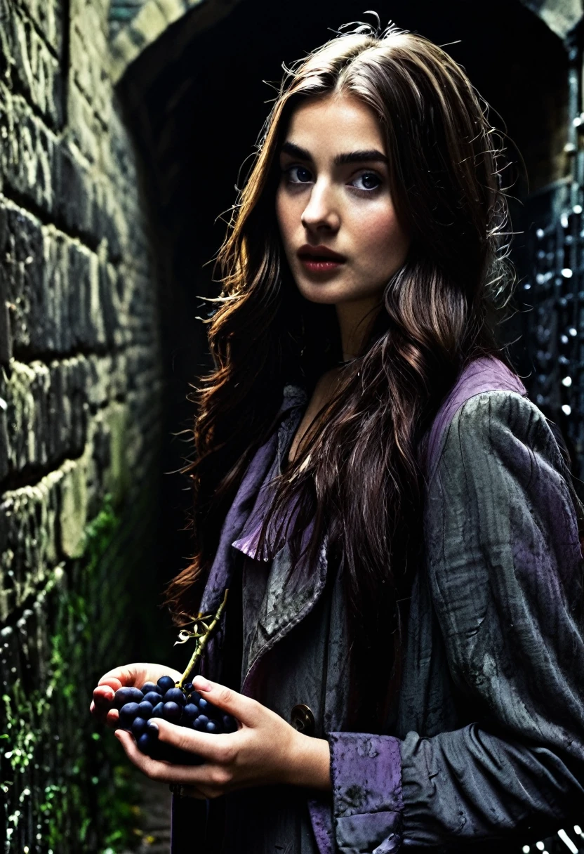 Create an image depicting a beautiful young woman in the dark alleys of old England. The surroundings are decayed, damp, and filled with sinister-looking people. The words "Grape Line" should be prominently displayed in the image. The woman is holding a single grape in her hand.