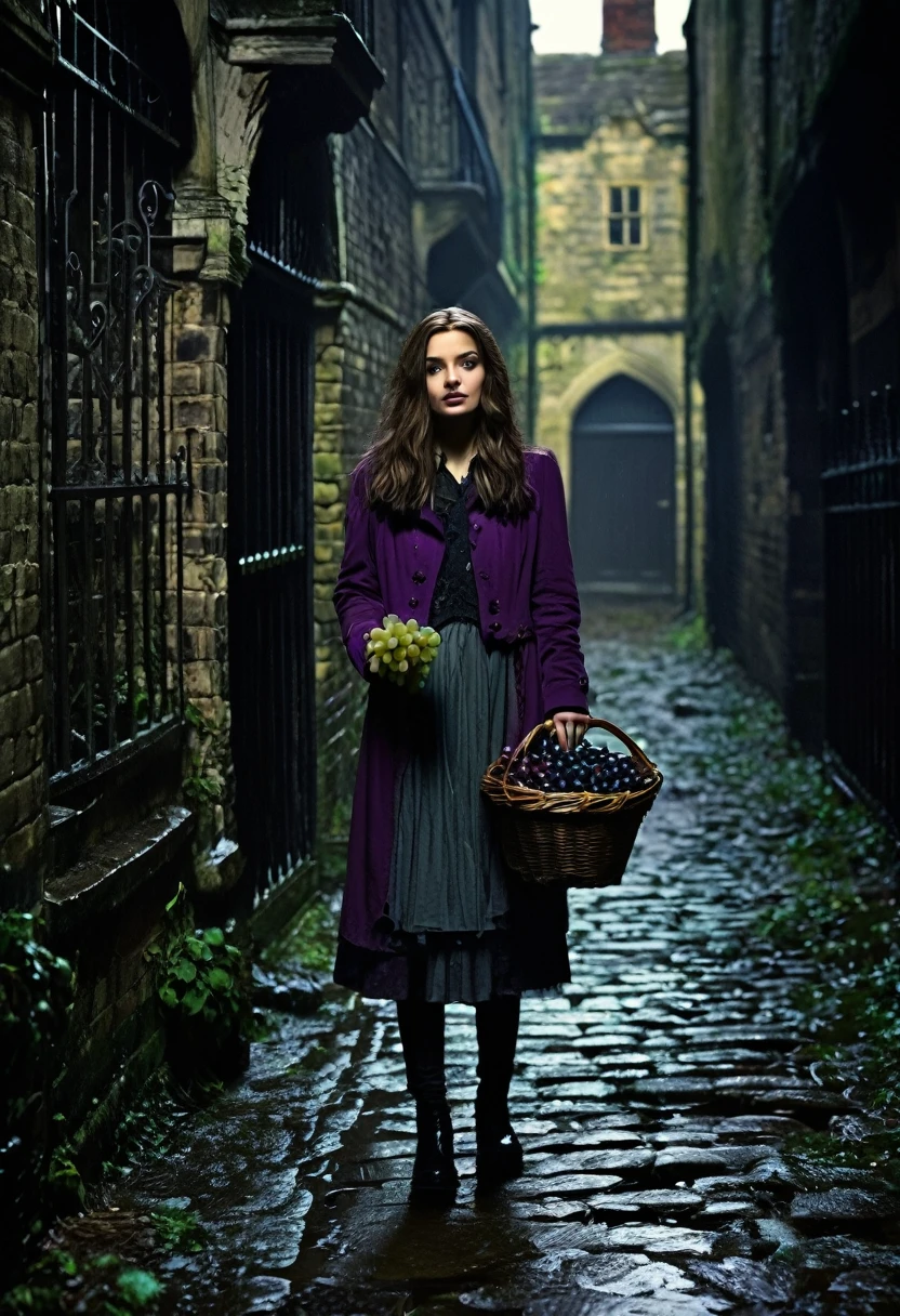 Create an image depicting a beautiful young woman in the dark alleys of old England. The surroundings are decayed, damp, and filled with sinister-looking people. The words "Grape Line" should be prominently displayed in the image. The woman is holding a single grape in her hand.