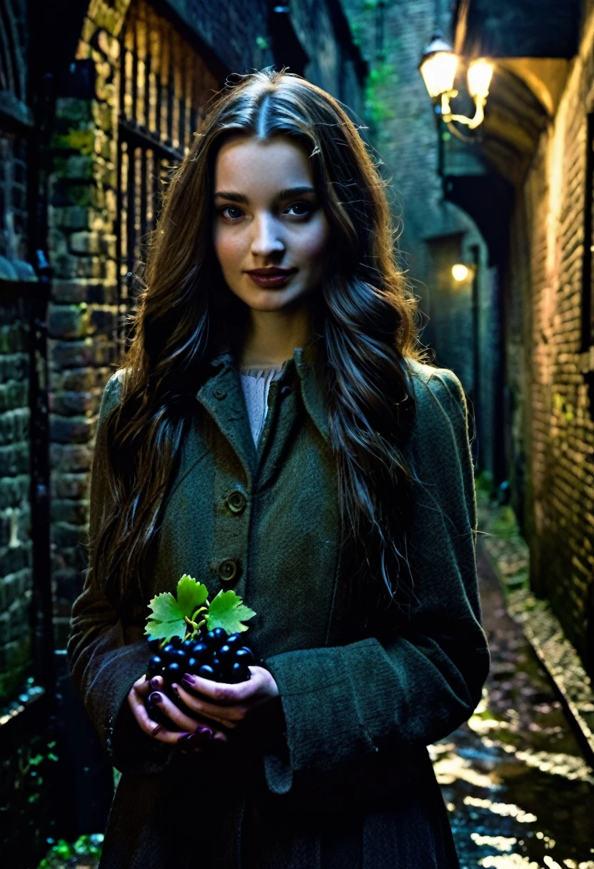 Create an image depicting a beautiful young woman in the dark alleys of old England. The surroundings are decayed, damp, and filled with sinister-looking people. The words "Grape Line" should be prominently displayed in the image. The woman is holding a single grape in her hand.