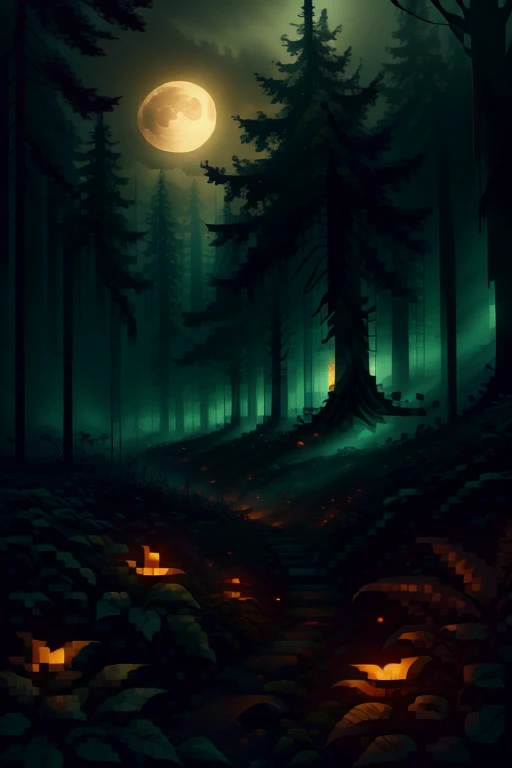 A dark, foreboding, and foggy forest. The moon is an eerie orange color which makes the whole scene feel intimidating. Strange, horrifying, twisted plants dot the landscape between the dying trees.