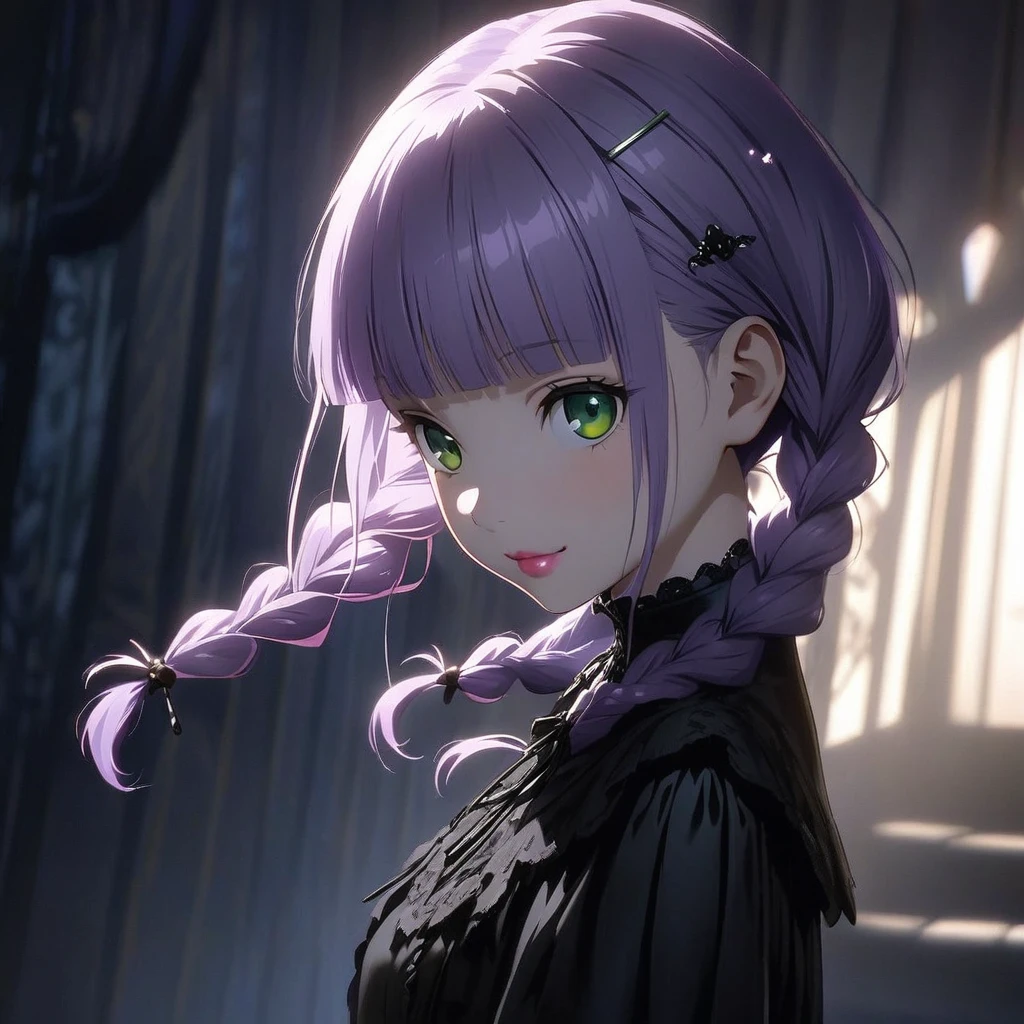 (Cute a girl:1.5), anime visual, (Black gothic ta outfit, black boots, from side:1.3 ),boots focus, (Lovey-dovey:1.5), (tilt head:1.3), extremely delicate face, soft clean focus, realistic lighting and shading, (an extremely delicate and beautiful art:1.3), elegant, (worm tone:1.1),(one girl with closs hair pin,pale purple hair,wavy two braids,blunt bangs hair,green and black eyes.pink lips:1.4), small breast,slim,Slender,morning lit, full body shot, a gentle smile, look at viewer,