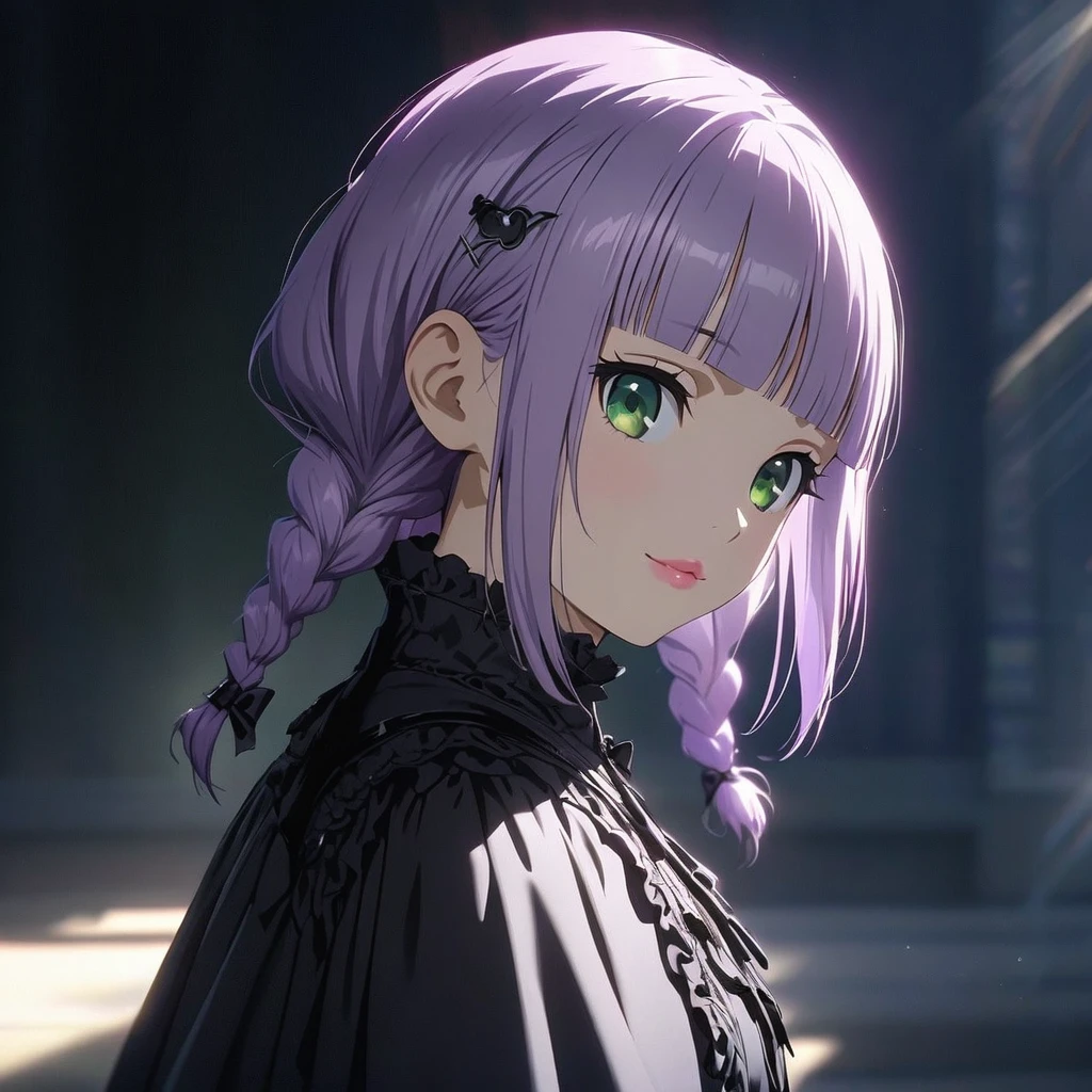 (Cute a girl:1.5), anime visual, (Black gothic ta outfit, black boots, from side:1.3 ),boots focus, (Lovey-dovey:1.5), (tilt head:1.3), extremely delicate face, soft clean focus, realistic lighting and shading, (an extremely delicate and beautiful art:1.3), elegant, (worm tone:1.1),(one girl with closs hair pin,pale purple hair,wavy two braids,blunt bangs hair,green and black eyes.pink lips:1.4), small breast,slim,Slender,morning lit, full body shot, a gentle smile, look at viewer,