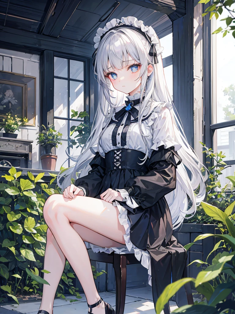 Alisa mikhailovna kujou, 1girl, Long silver hair, blue pupils, Wearing black and white casual clothes, sitting on garden chairs, indoor garden 