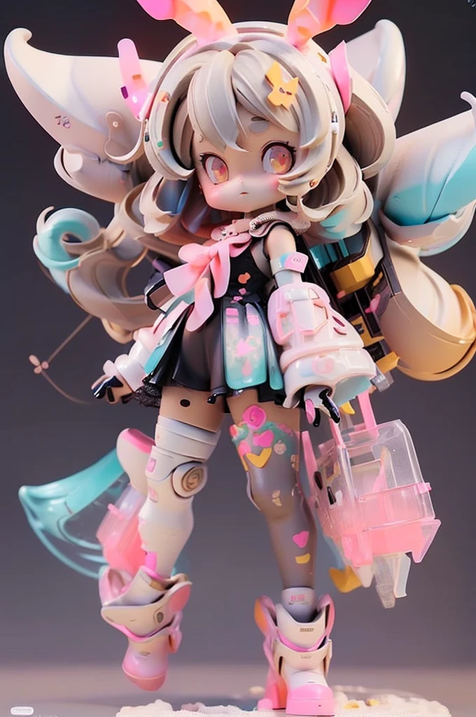 (Same character, front, side, back), (full body); brown girl; 3d; cute; 3d toy art; toy art; anime style; glitter; color pink; color white; Bunny details; cyberpunk details; robot limbs;