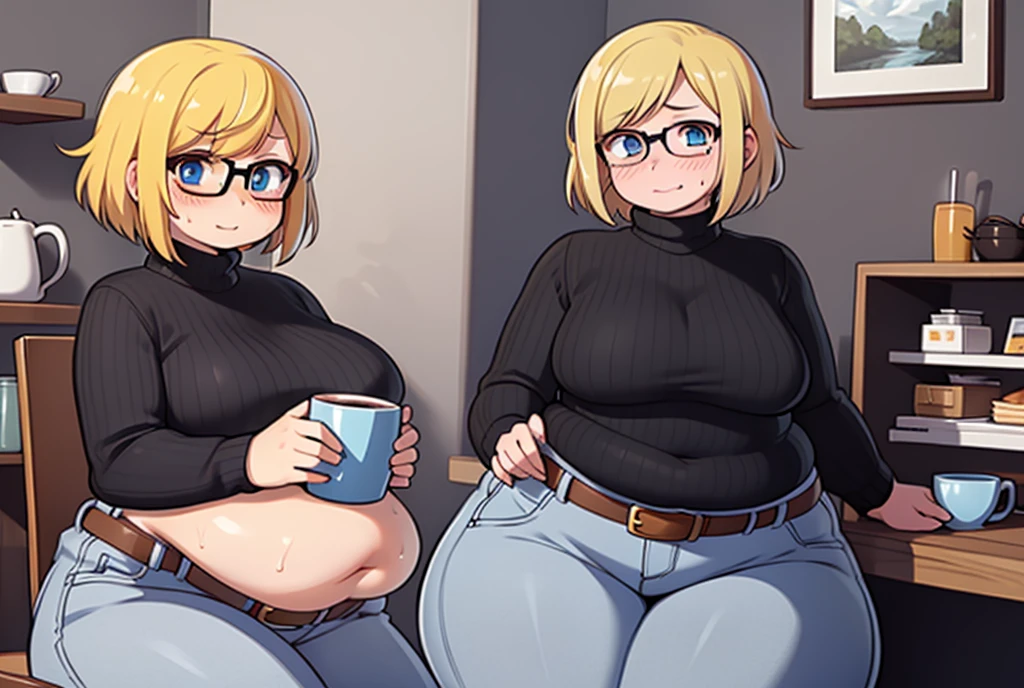 ((Masterpiece)), perfect anatomy, perfect shading, field of depth, (best quality), extremely delicate and beautiful, perfect lighting, detailed face, ultra cute face, cute, (cowboy shot 1.2), turned to the side, (((1girl))), ((solo)), looking at viewer,
short hair, fluffy hair, blonde hair, blue eyes, Glasses, ((Blush)), shy, nervous, sweating, (black turtleneck sweater 1.5), (jeans 1.2), belt, extremely tight clothes, medium breasts, ((wide hips)), ((thick thighs)), ((chubby)), chubby belly
coffee shop, sitting, intricate background, detailed background,