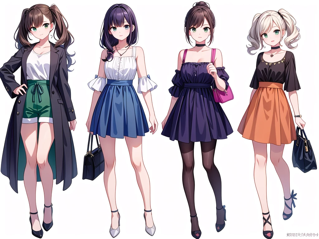 (((Best Quality))) , ((full body)), 4 lady, adult woman, multiple views, white background, variety of hairstyles, variety of fashion styles, seductive pose, fashionable and trendy atmosphere, holding bag, spring outfits, walk pose, dark blue/dark orange/dark green/dark violet/brown/white, short shorts,
