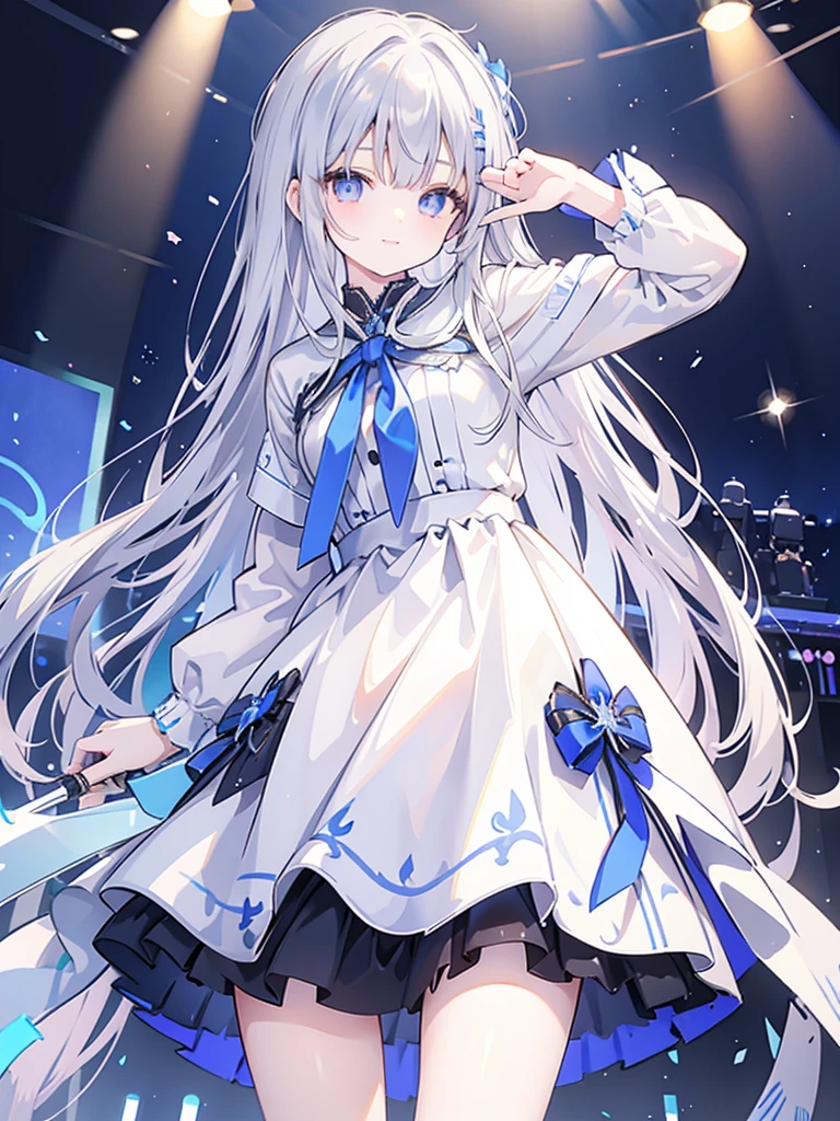Alisa mikhailovna kujou, 1girl, Long silver hair, blue pupils, Wearing blue and black idol clothes, Standing on the stage, smiling gracefully, Holding the microphone