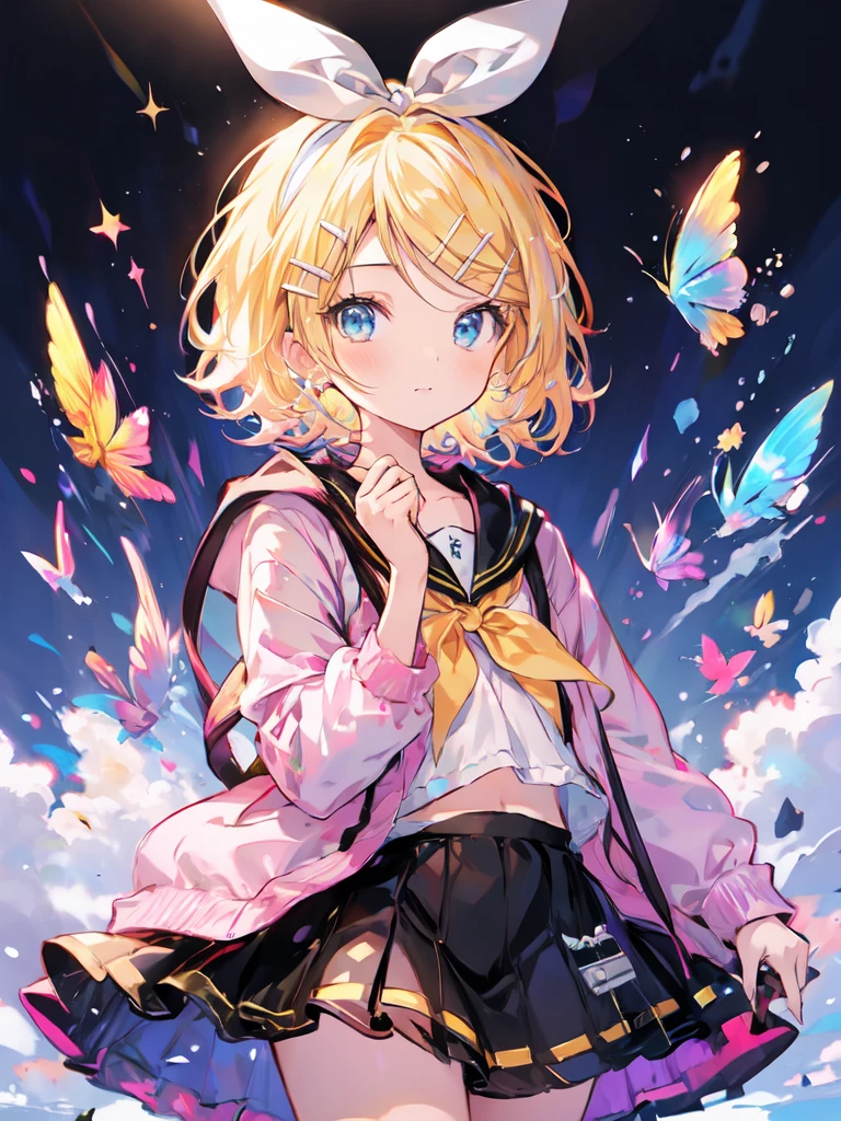 Kagamine Rin,short hair、She has a white ribbon on her head、sweets dream, A colorful world, cute, pastel, like, enjoy, Highest quality, masterpiece,sing,Diva