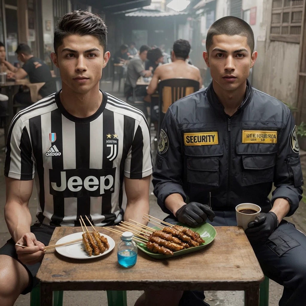 hyper realistic cristiano ronaldo wearing juventus jersey and ,25 year old Asian man with buzz cut hair wearing security clothes sitting on chair near table in seedy bar while eating satay and drinking black coffee.