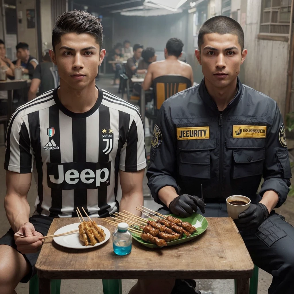hyper realistic cristiano ronaldo wearing juventus jersey and ,25 year old Asian man with buzz cut hair wearing security clothes sitting on chair near table in seedy bar while eating satay and drinking black coffee.