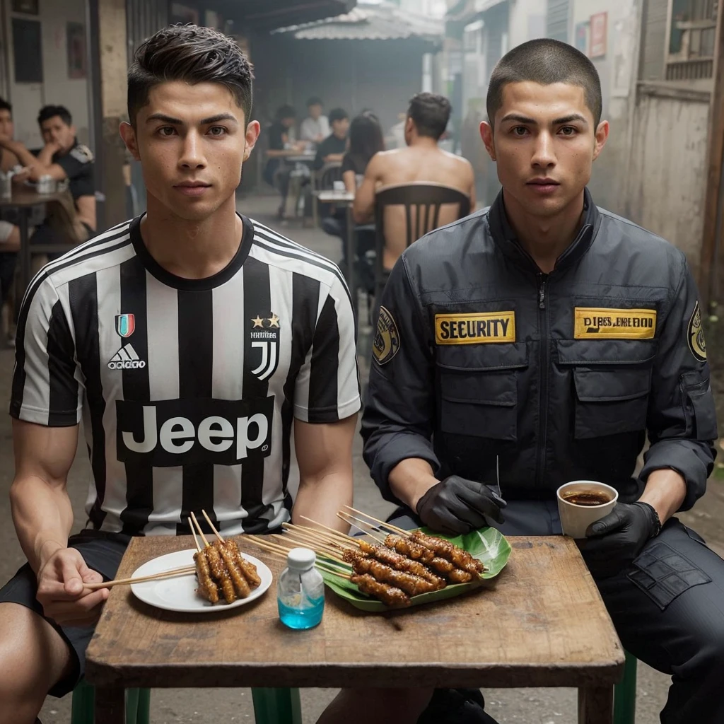 hyper realistic cristiano ronaldo wearing juventus jersey and ,25 year old Asian man with buzz cut hair wearing security clothes sitting on chair near table in seedy bar while eating satay and drinking black coffee.