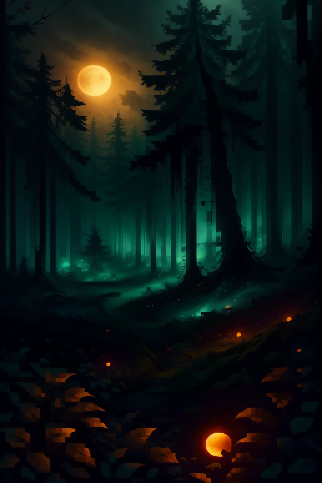 A dark, foreboding, and foggy forest. The moon is an eerie orange color which makes the whole scene feel intimidating. Strange, horrifying, twisted plants dot the landscape between the dying trees.