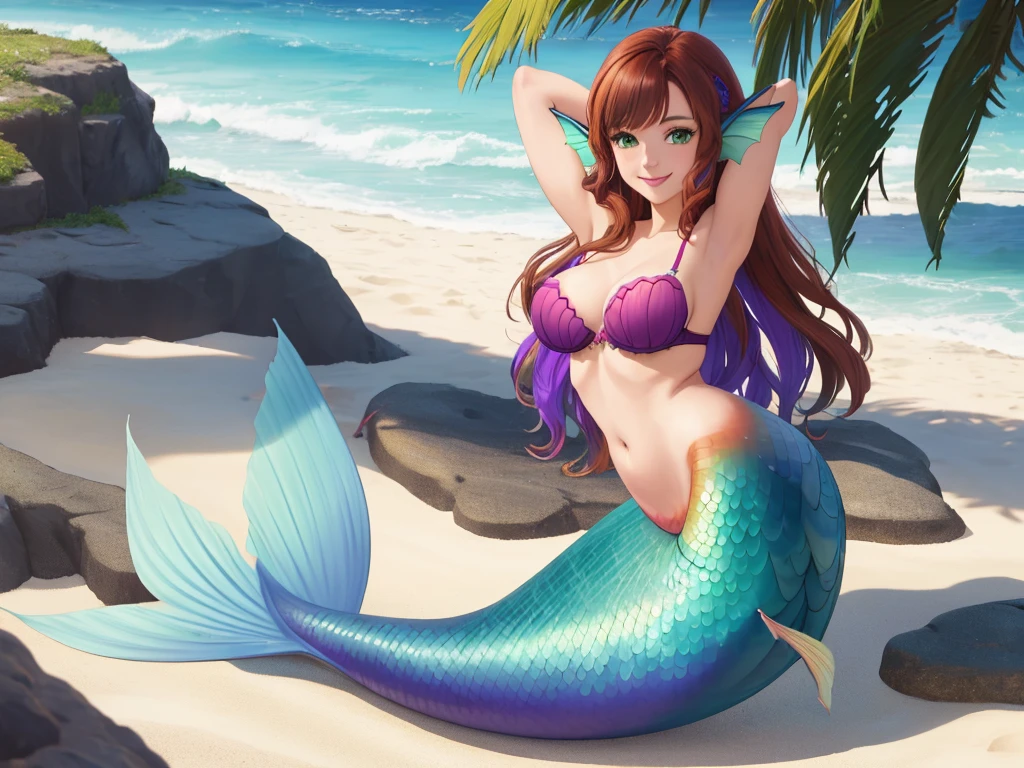 masterpiece, best quality:1.2), 1girl, smile, looking at viewer, green eyes, short brown multicolored hair, mermaid, mermaid girl, wearing purple seashell bra, laying on belly on beach, colorful mermaid tail, outdoors, head fins, fin ears