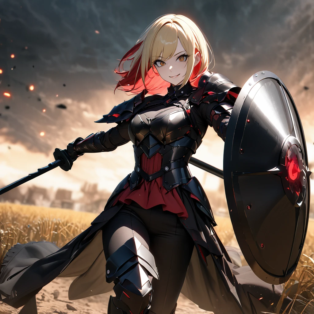 A woman in her 20s, wearing heavy black armor, black metal bracelet, black metal boots, with red details on the armor, short shoulder-length blonde hair, red bangs, smiles, multicolored hair, brown eyes, sadistic smile, face of psychopath, evil face, holding a black metal shield, and a black metal sword, in a combat stance, in an open field, UHD , work- prime, precise, anatomically correct, textured skin, super details, high quality, best quality, 8k, high resolution, bokeh effect. (woman solo )
