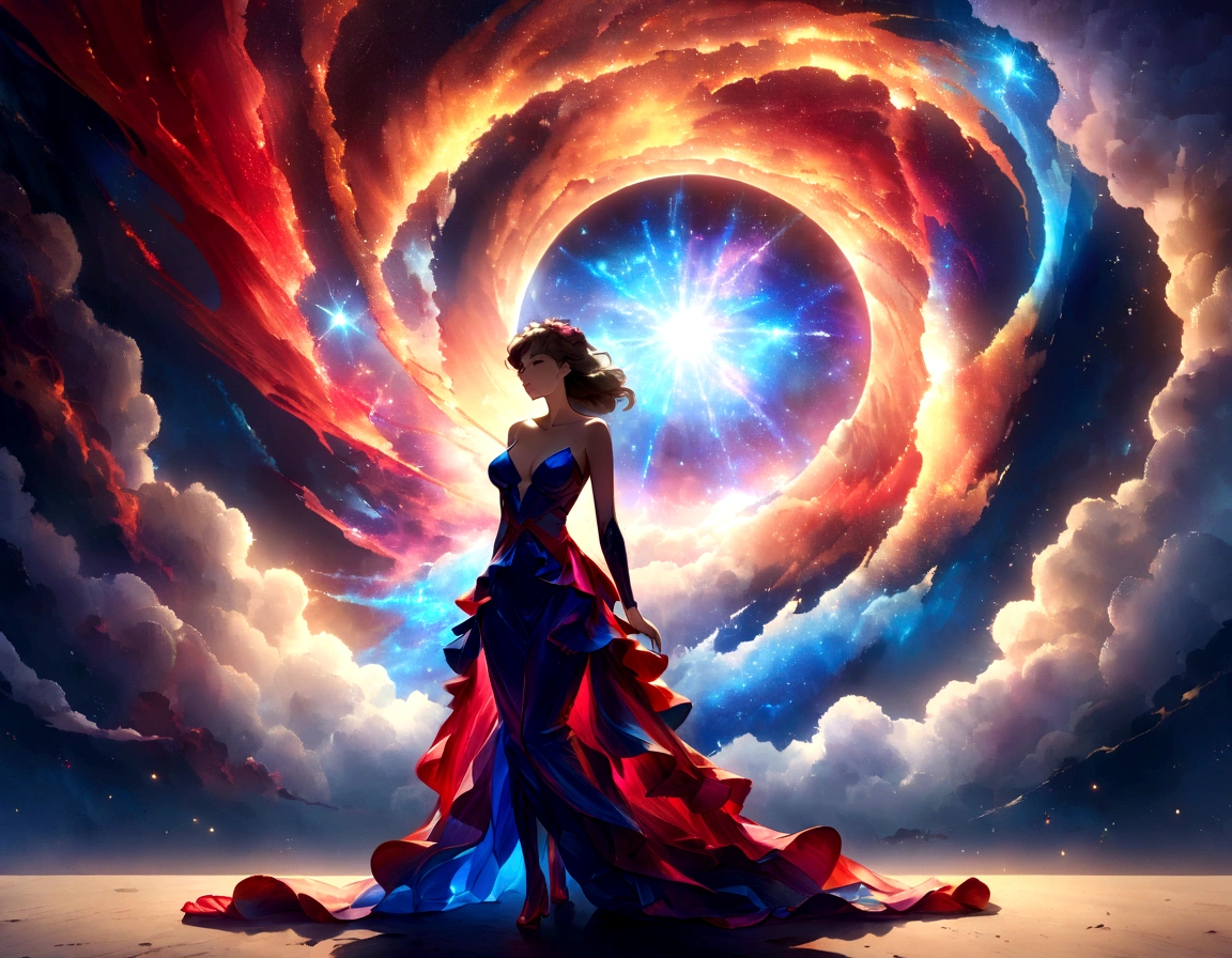 A spectacularly igniting supernova shines brightly amidst the darkness of space, captivatingly watched by an enigmatic woman. The explosion of colors and light creates a mesmerizing display in the image, which is most likely a breathtaking digital artwork. The vivid explosion painted in vivid shades of crimson, gold, and electric blue, beautifully contrasts against the woman's shadowed figure, adding a sense of mystery and wonder to the scene. The clarity and detail in this visually stunning composition bring the celestial event to life, leaving viewers in awe of its beauty and power.