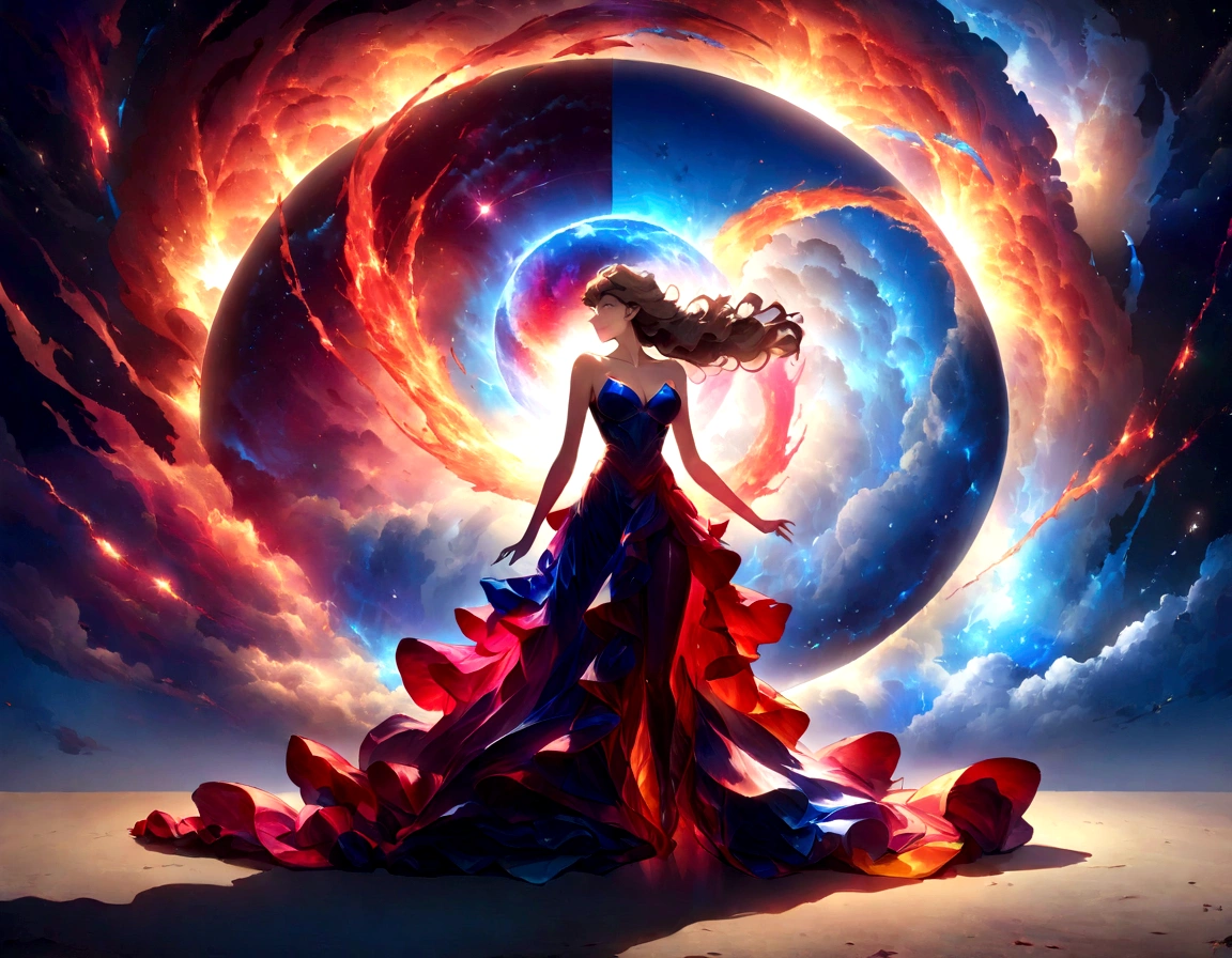 A spectacularly igniting supernova shines brightly amidst the darkness of space, captivatingly watched by an enigmatic woman. The explosion of colors and light creates a mesmerizing display in the image, which is most likely a breathtaking digital artwork. The vivid explosion painted in vivid shades of crimson, gold, and electric blue, beautifully contrasts against the woman's shadowed figure, adding a sense of mystery and wonder to the scene. The clarity and detail in this visually stunning composition bring the celestial event to life, leaving viewers in awe of its beauty and power.