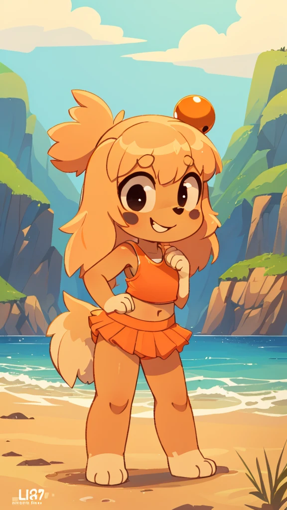 score_9, score_8_up, score_7, score_6_up, rating_safe,, lilotte, solo, 1girl, dog ears, long hair, furry female, dog tail, barefoot, looking at viewer, blonde hair, black eyes, full body, standing, smile, upper body, (( orange frilly tank top, midriff, orange frilly mini skirt)), outdoors, bell, dog girl, holding, animal nose, :3, hands on hips, paw pads, from behind, feets with three toes, 3 toes, beach, clear sky,