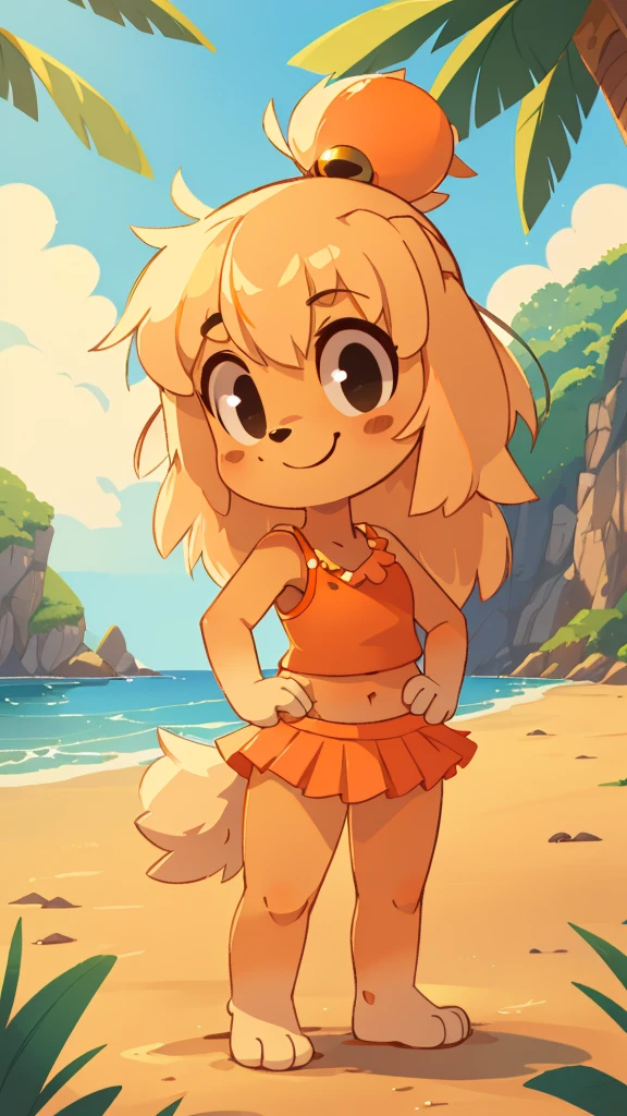 score_9, score_8_up, score_7, score_6_up, rating_safe,, lilotte, solo, 1girl, dog ears, long hair, furry female, dog tail, barefoot, looking at viewer, blonde hair, black eyes, full body, standing, smile, upper body, (( orange frilly tank top, midriff, orange frilly mini skirt)), outdoors, bell, dog girl, holding, animal nose, :3, hands on hips, paw pads, from behind, feets with three toes, 3 toes, beach, clear sky,