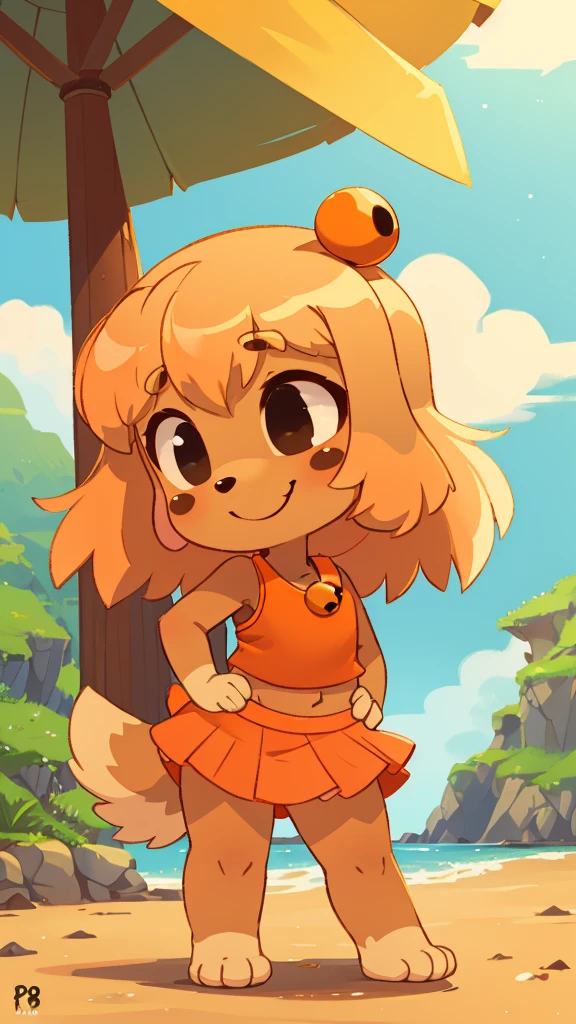 score_9, score_8_up, score_7, score_6_up, rating_safe,, lilotte, solo, 1girl, dog ears, long hair, furry female, dog tail, barefoot, looking at viewer, blonde hair, black eyes, full body, standing, smile, upper body, (( orange frilly tank top, midriff, orange frilly mini skirt)), outdoors, bell, dog girl, holding, animal nose, :3, hands on hips, paw pads, from behind, feets with three toes, 3 toes, beach, clear sky,