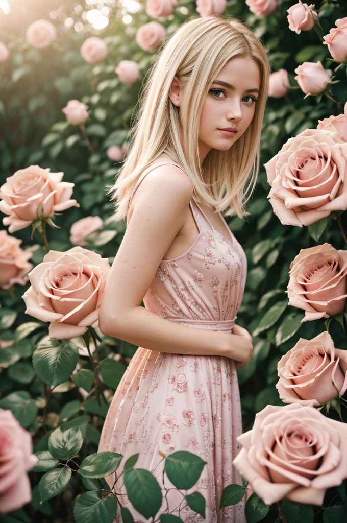 8k, RAW photo, Fujifilm, style photo of a beautiful young woman as avril in a garden of light pink roses (highly detailed skin: 1.2) Style-Petal BREAK short hair, blonde hair with colored locks, wearing a dress, film granulation, 35mm, cute style