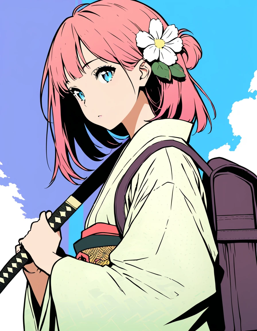 ultra-detailed:1.3, ultra delicate and detailed face:1.3, (absurdres, texture, masterpiece), dynamic angle, pop art, art brut, pixiv contest winner, by Posuka Demizu, dynamic manga-style illustration of slender girl wearing mix of traditional Japanese clothing and modern accessories. She holds katana and has backpack, with flower in her hair. The background is soft and minimalistic brutalism, emphasizing the cute and delicate nature of the character.
