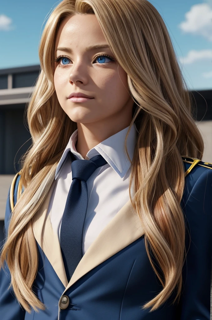 screenshot boku no hero academia, Pretty Woman, long wavy blonde hair with strong red highlights On, Eyes slanted and light blue in the right eye and dark blue in the left eye , serene expression , Gtus jacket uniform and red tie, action , background foot class , looking at the camera from profile anime style boku no hero academia 