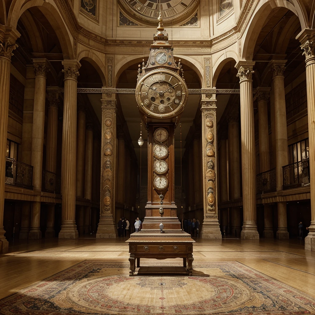 I want you to create a giant antique clock with several people next to it, each doing an activity, to demonstrate that there is no fixed time for the person to accomplish something