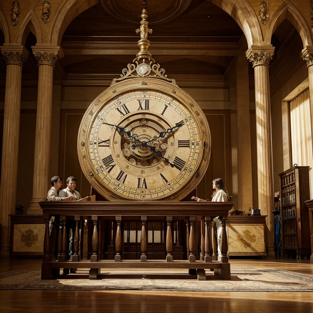 I want you to create a giant antique clock with several people next to it, each doing an activity, to demonstrate that there is no fixed time for the person to accomplish something