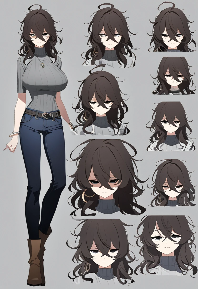 One Woman,Downer,older sister,Concept Art,Dark brown hair,Straight hair with slight inward curls,Staring eyes,Eye Ridge,black eye,Crossed bangs,whole body,smile,Larger breasts,Gray background,Bangs that reach down to the eyes,Messy hair,Tight dark jeans,Gray turtleneck sweater,Multiple views of the same character,Character Design,Dark circles under the eyes,Bad look,Listless,Sloppy,Silver Jewelry,Cafe staff,whole bodyCharacter Design,Detailed hands,Height: 170cm,boots,