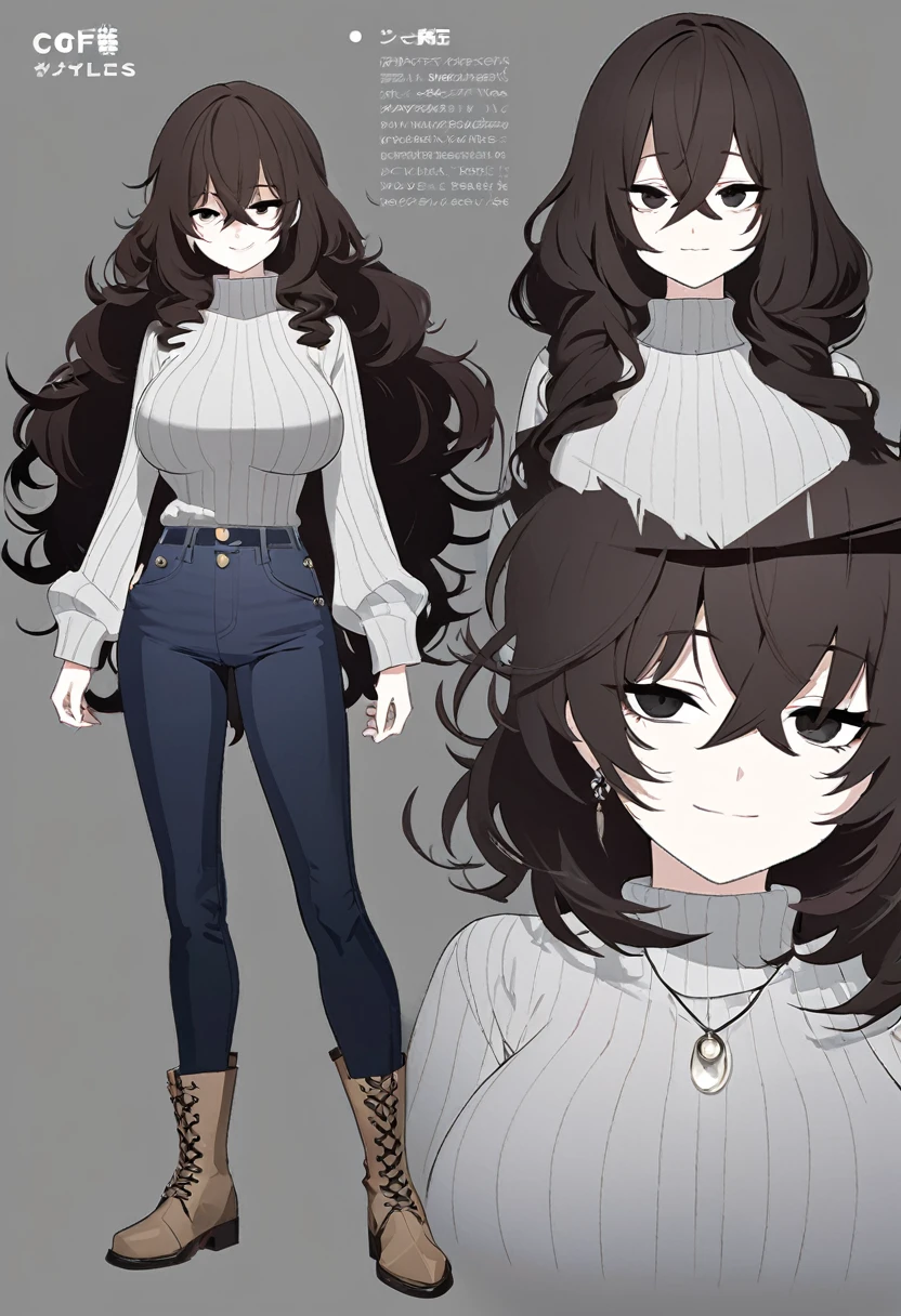 One Woman,Downer,older sister,Concept Art,Dark brown hair,Straight hair with slight inward curls,Staring eyes,Eye Ridge,black eye,Crossed bangs,whole body,smile,Larger breasts,Gray background,Bangs that reach down to the eyes,Messy hair,Tight dark jeans,Gray turtleneck sweater,Multiple views of the same character,Character Design,Dark circles under the eyes,Bad look,Listless,Sloppy,Silver Jewelry,Cafe staff,whole bodyCharacter Design,Detailed hands,Height: 170cm,boots,