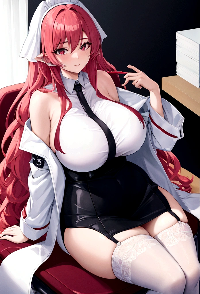 My name is Hikaru, I am a white test doll with long red hair and black eyes. I am 1.60 cm tall and weigh 56 kg. My breast sizes are 300 cm, my waist is 60 cm and my hips are 200 cm. Dressed in a long blue jacket and a garter belt along with a black thong. With big breasts 310 cm . Sitting in a desk chair  