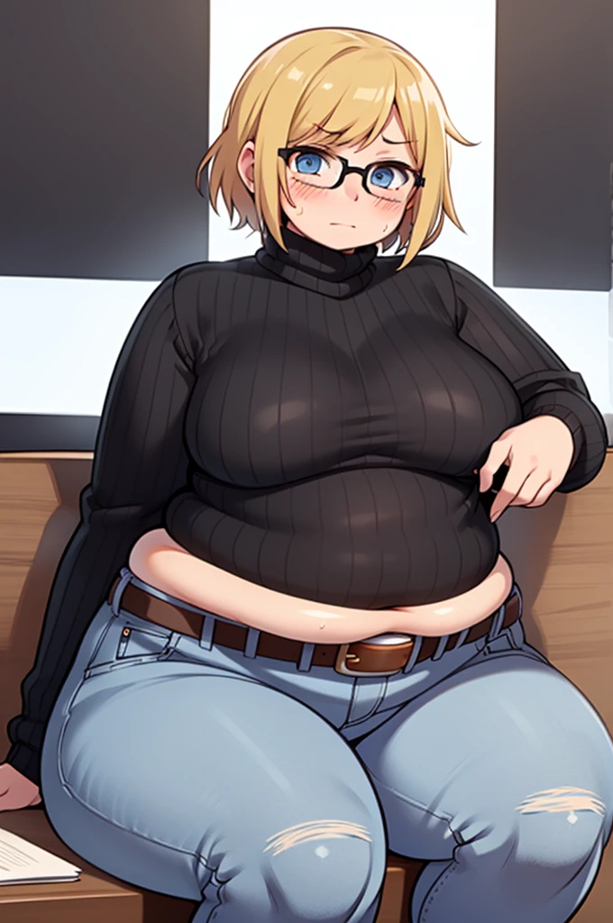 ((Masterpiece)), perfect anatomy, perfect shading, field of depth, (best quality), extremely delicate and beautiful, perfect lighting, detailed face, ultra cute face, cute, (cowboy shot 1.2), turned to the side, (((1girl))), ((solo)), looking at viewer,

short hair, fluffy hair, blonde hair, blue eyes, Glasses, ((Blush)), shy, nervous, sweating, (black turtleneck sweater 1.5), (jeans 1.2), belt, extremely tight clothes, medium breasts, ((wide hips)), ((thick thighs)), ((chubby)), chubby belly

coffee shop, sitting, intricate background, detailed background,