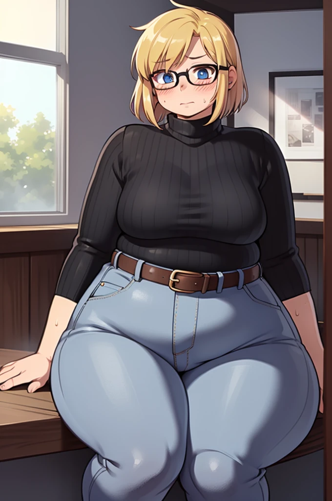 ((Masterpiece)), perfect anatomy, perfect shading, field of depth, (best quality), extremely delicate and beautiful, perfect lighting, detailed face, ultra cute face, cute, (cowboy shot 1.2), turned to the side, (((1girl))), ((solo)), looking at viewer,
short hair, fluffy hair, blonde hair, blue eyes, Glasses, ((Blush)), shy, nervous, sweating, (black turtleneck sweater 1.5), (jeans 1.2), belt, extremely tight clothes, medium breasts, ((wide hips)), ((thick thighs)), ((chubby)), chubby belly
coffee shop, sitting, intricate background, detailed background,