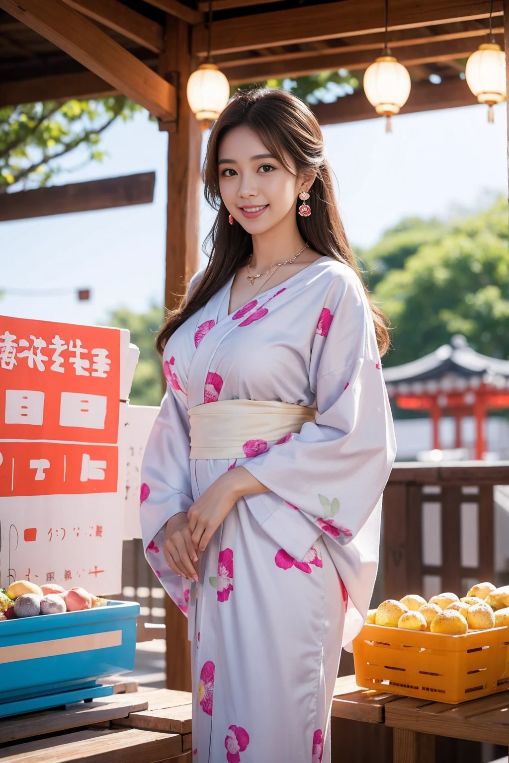 Highest quality,8K, Detailed facial depiction, Detailed description of the eyes,One Woman, Light brown hair(Medium-long hair),Beautiful Japanese Girl,24-years-old,Cute eyes,Cute Smile,Yukata beauty,A yukata with large polka dots on a white background,Slender body, Large, plump breast size, Long and beautiful legs,Smiling, Colorful earrings,necklace,Are standing,Beautiful nape,Summer festival,There are food stalls