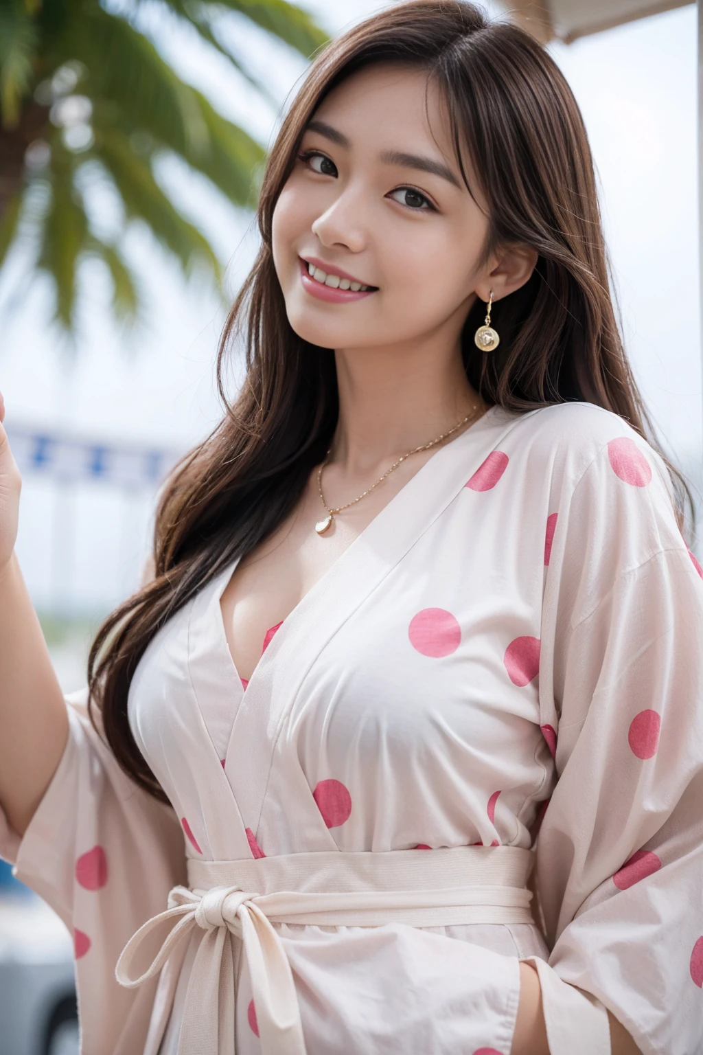 Highest quality,8K, Detailed facial depiction, Detailed description of the eyes,One Woman, Light brown hair(Medium-long hair),Beautiful Japanese Girl,24-years-old,Cute eyes,Cute Smile,Yukata beauty,A yukata with large polka dots on a white background,Slender body, Large, plump breast size, Long and beautiful legs,Smiling, Colorful earrings,necklace,Are standing,Beautiful nape,Summer festival,There are food stalls