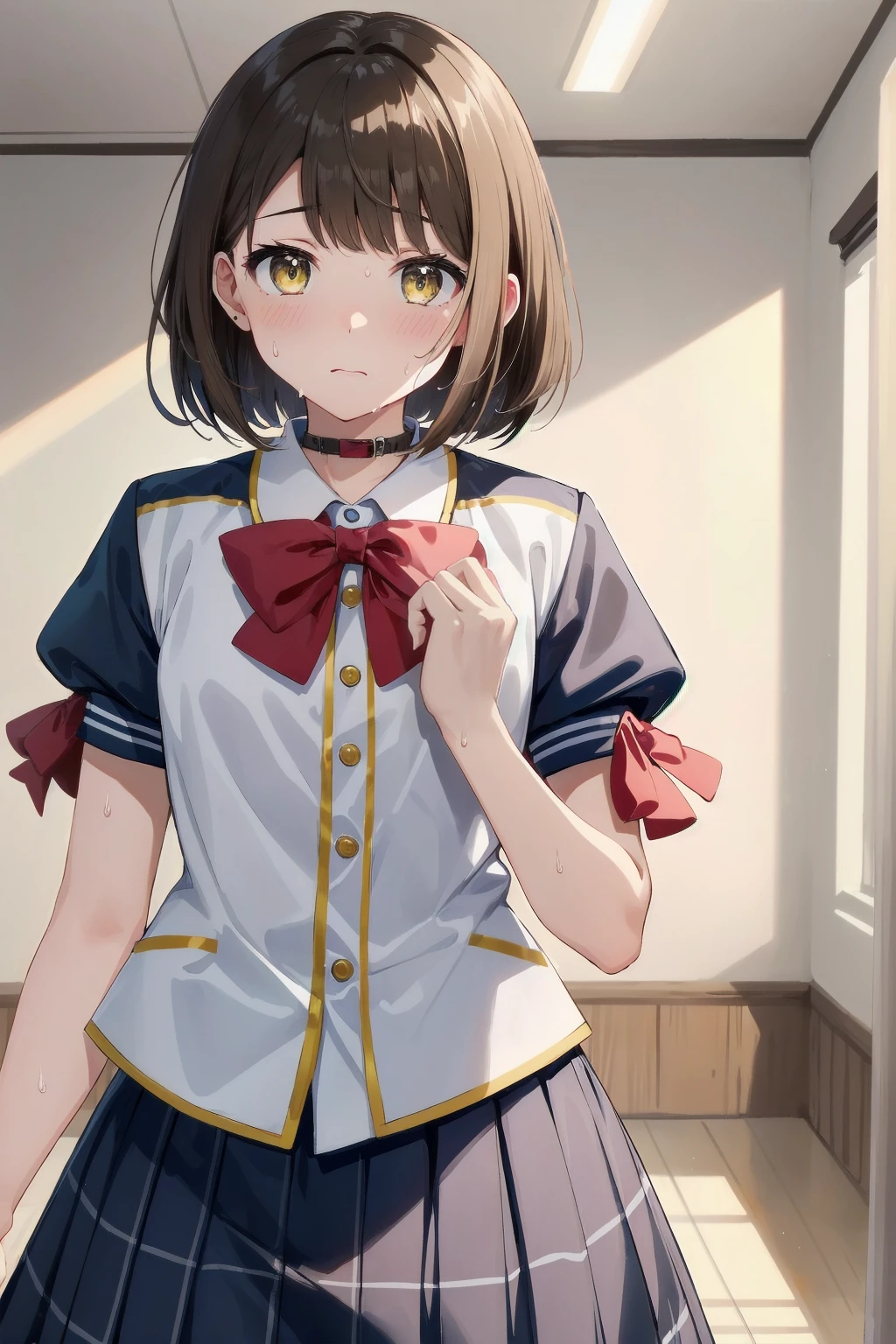 One Woman、((Junior High School Uniform))、Checked Skirt、Highest quality、Very delicate and beautiful、((Very short bangs))、((Bangs))、Light-colored hair、Brown Hair、Short Bob、Cute face、Cute like an idol、Yellow Eyes、Are thin、Slim figure、Short、 body type、Small Breasts,Bright room、Sweat、Embarrassed face、Red face、I'm worried、Surprised eyes、Shot from above、