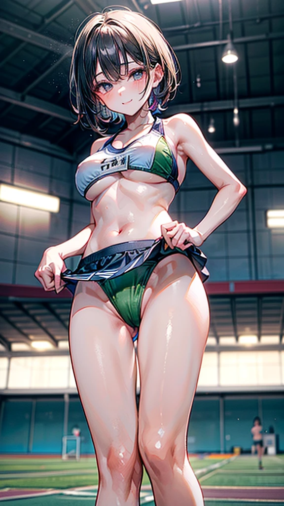 (Best quality, 8k, 32k, Masterpiece, UHD,:1.2),RAW, human, 1girl,ultra cute , ultra cute, natural lighting,transparent shining eyes, 20yo,medium breast ,femur, fair complexion , flushed face, absurdres, delicate girl, cowboy shot, (thighs, from Below:1.3), shiny skin, (track uniforms, sportswear, sports bras, sports bikinis:1.3), rikujou, track and field, short hair, sharp focus,highest detailed, extreme detailed, ultra detailed, finely detail, detailed eyes and face, (smile:0.8), (bokeh background:1.2), wedgie, (erect nipple:0.8),