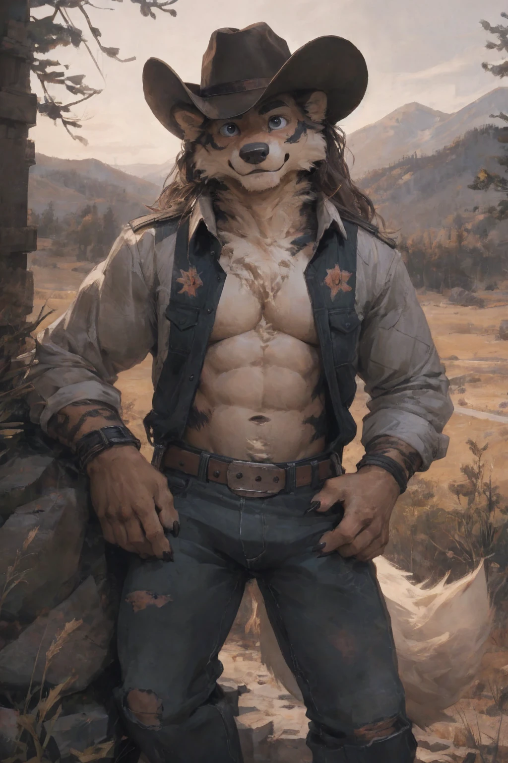 male, solo, anthro, arcanine, (arcanine),slim,clothed, bottomwear, , pants, , (cowboy), hand on hip,fur, fluffy, tuft, chest tuft, long hair, neck tuft, inner ear fluff, digitigrade,standing, front view, looking at viewer,(detailed background), outside, rock, sunbeam,by kenket, bydarkgem, by miosha,fully clothed, bottomwear, topwear, pants,cowboyclothes , (cowboy), hand on hip,fur, fluffy, tuft, chest tuft, long hair, neck tuft, inner ear fluff, digitigrade, standing, front view, looking at viewer,(detailed background), outside, rock, sunbeam, snowy peaks, sunrise, by kenket, by darkgem, by miosha, detailed_face,Detailed_clothes, detailed_eyes, perfect_eyes, cute, lumberJack_shirt,Detailed_clothes, detailed_eyes, perfect_eyes, cute,Detailed_clothes, detailed_eyes, perfect_eyes, cute,Detailed_clothes, detailed_eyes, perfect_eyes, cute,Detailed_clothes, detailed_eyes, perfect_eyes, cute, cowboy_hat,detailed_eyes, perfect_eyesdetailed_eyes, perfect_eyes, scars_on chest, visible_chest, visible_abs, red_bandana_on_neck
