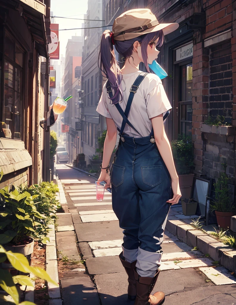 (Close-up:1.3),Realistic,Highest quality, Super detailed, High-quality CG rendering, The most delicate and beautiful, Floating softly, High resolution, (1 girl), (Highest quality,4K,8K,masterpiece:1.2), Light purple hair,(Long ponytail:1.5),Red eyes,(Brown overalls:1.3),(Pure white T-shirt:1.3),(Brown hunting hat:1.3),(Brown boots:1.3),In the city,old buildings,(whole body:1.3),(Holding a drink in hand:1.3),(Are standing:1.3),(Turn your back to your audience:1.3),Butt
