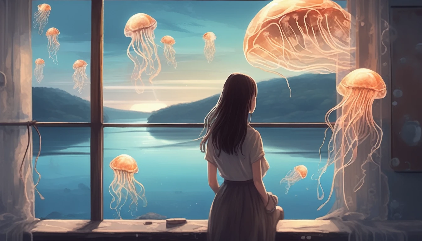 The scenery outside the window,Look out the window,Girl staring into the distance at the window,The Faceless Stone Woman on the Bridge,Handheld Light,Background with jellyfish, With the sky as a background, Brome'the art of, Magic Artwork, very good, fantasy art surrealism Beksinski