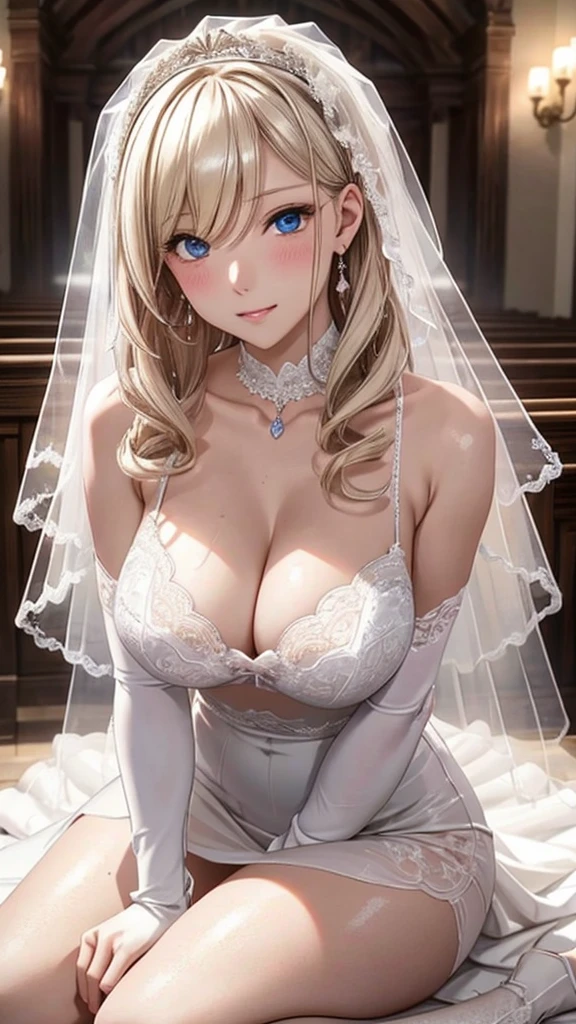Photorealism、Highest quality、Ultra-high resolution、picture、北欧生まれのbeautiful少女の写真、並外れたbeautiful少女、Highlights of cheek er、細部まで可愛くbeautiful顔、(Purelos Face_v1:0.008)、beautiful bangs、Glowing White Skin、Bangs between the eyes、輝くbeautiful髪、Silky Hair、High resolution eyes、beautiful, Bright and clear, Big eyes sparkle charmingly、eyeliner、double eyelid、Like the whole body、blush、Embarrassing、god々A beautiful smile、Shiny little necklace and earrings, Glossy Lips: 1.4, Exposed cleash、涙はEmbarrassing、White underwear、White bra、Open your knees、Spread your legs、dressing、Exposed panties、Sweang wet、See-through underwear、A neat and clean woman,28 years old, (Wedding dress: 1.5),Veil、Wavy Hair, Blonde, Diagonal bangs, Medium Long Hair, blue eyes, Big Breasts、 In thethe church, Sitting on the floor、