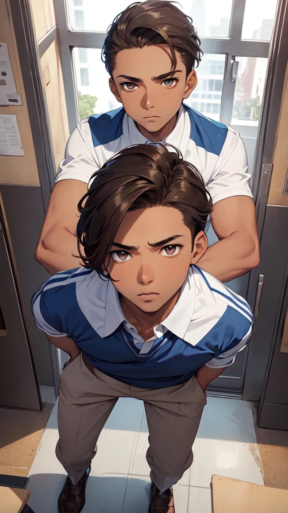 (masterpiece), best quality, expressive eyes, perfect face, (((1guy))), full body, (((brown skin))), brown hair, (((sliver eyes))), (((blue student uniform))), short slicked back hair, teen,