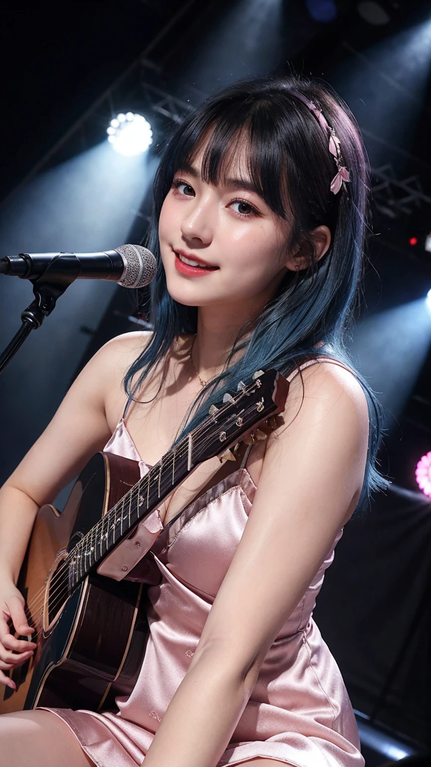 ((best quality)), photorealistic, photorealism, Photorealistic, high resolution, ((Wearing pink satin dress))、smile、A superb beauty、Super cute、ennui、Rare beauty、Very Short hair、Black Dark Eyeshadow、Sad、white skin、pale skin, Very short hair layered、Dark Gothic Makeup、Cute Smile、Fragrant beauty、Stained glass background、Mastepiece、Best Quality、Refers to 5 books、Sweat glistening on my chest、Sweat glistening on my face、Medium breasts、Blue hair、Age 20 years old、Mysterious look、A sad expression、Blue Hair、Glamorous concert stage、enchanting castle、Sweating profusely all over the body、A lot of sweat and light on the thighs、Shiny thighs、Plenty of sweat glistening on the thighs、A large amount of sweat glistens on my thighs、Sweating profusely、Gal、Medium breasts、Beautiful face、Alluring expression、Sitting、Sitting playing guitar、Thick thighs、Playing guitar、I have a guitar、Sing a song enthusiastically、Playing guitar in a band、Rock band、Playing guitar chords、Live House Background、Sing a song、Open your mouth、Live house scenery、Mic stand、Glamorous live stage、Dynamic Angle、Cinematic lighting