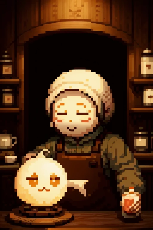 A cute, round ghost wearing a brown apron while he floats behind the counter. He is working his job as a barista, and selling tea cakes.