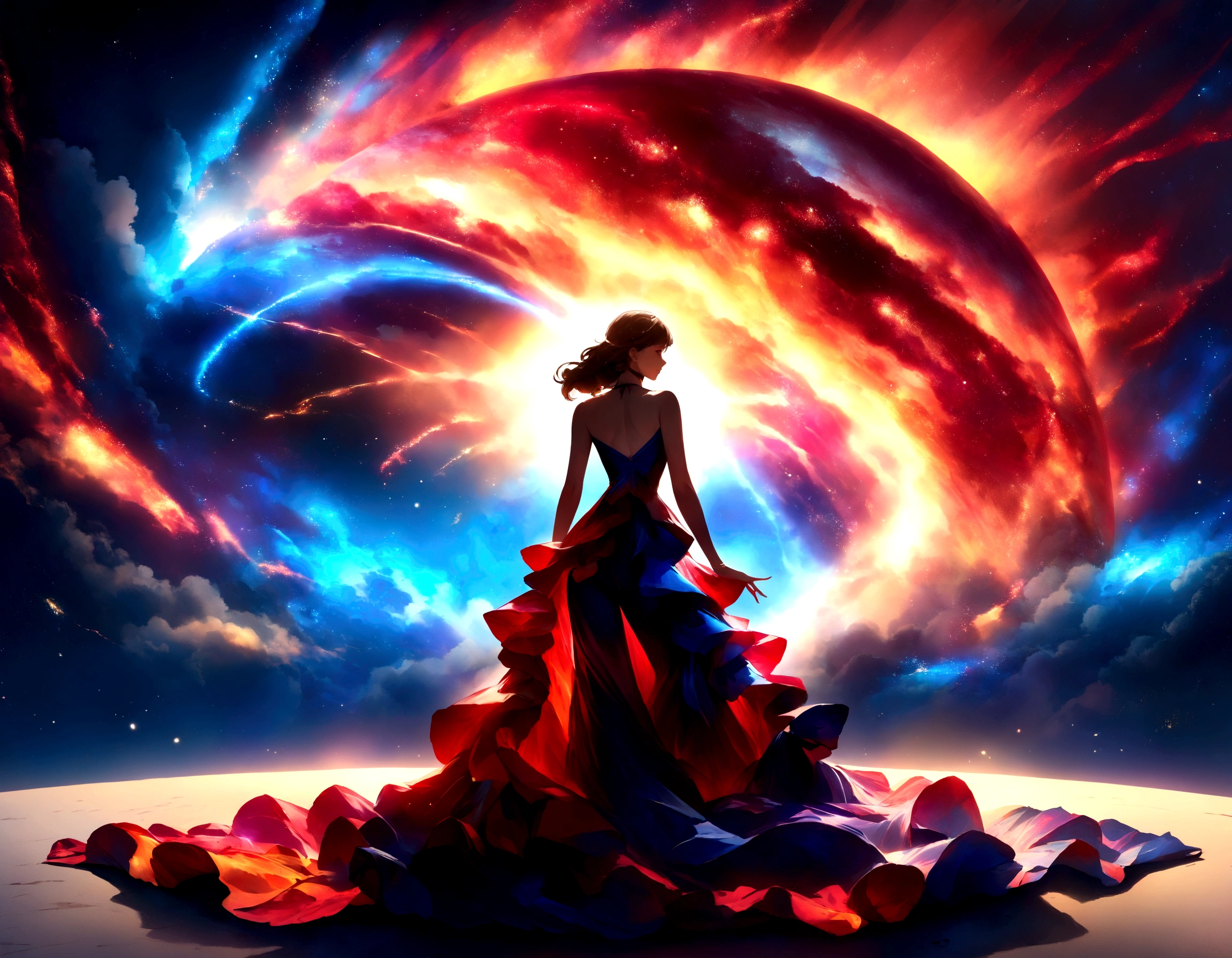 A spectacularly igniting supernova shines brightly amidst the darkness of space, captivatingly watched by an enigmatic woman. The explosion of colors and light creates a mesmerizing display in the image, which is most likely a breathtaking digital artwork. The vivid explosion painted in vivid shades of crimson, gold, and electric blue, beautifully contrasts against the woman's shadowed figure, adding a sense of mystery and wonder to the scene. The clarity and detail in this visually stunning composition bring the celestial event to life, leaving viewers in awe of its beauty and power.