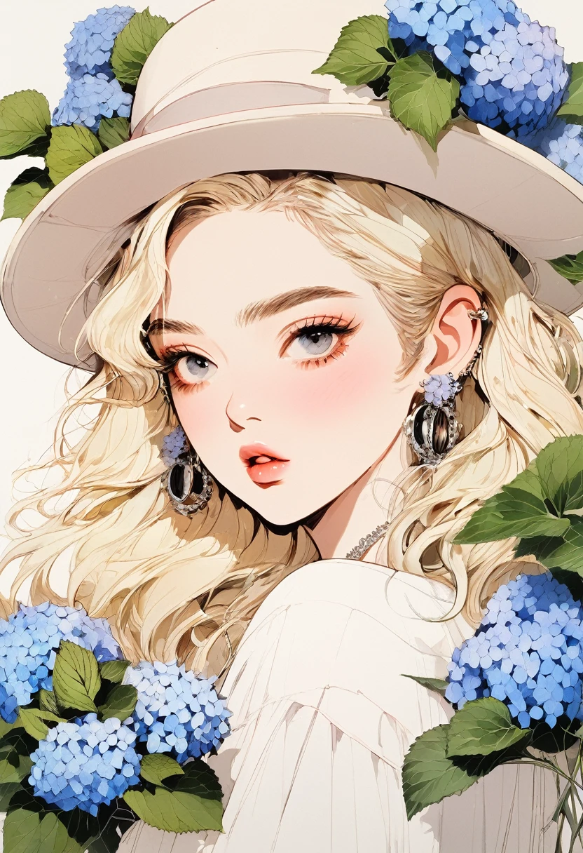 (Highest quality:0.8), (Highest quality:0.8), Perfect illustration,Beautiful woman portrait、One girl, bangs, Black nails, Blonde, Mouth closed, clavicle, ear Earrings, Earrings, Fashion G, hair ornaments, Food, Foodie, Jacket, jewelry, looking at iniewer, Medium Hair, Manicure, necklace, Earrings, short hair, Hydrangea、hydrangea, sleeines past wrists, 一人in, Both sides up, Upper Body, in, Pop Background、Droopy eyes、Celebrity Hat