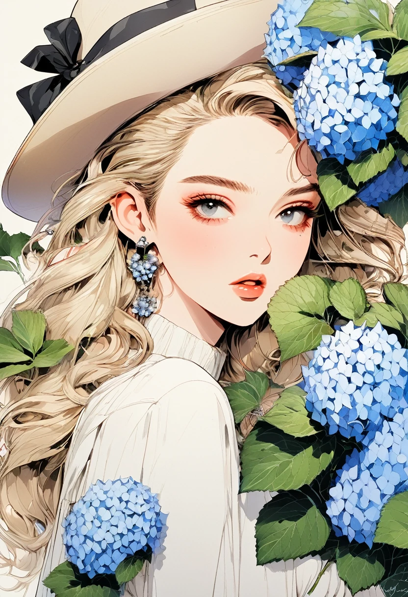 (Highest quality:0.8), (Highest quality:0.8), Perfect illustration,Beautiful woman portrait、One girl, bangs, Black nails, Blonde, Mouth closed, clavicle, ear Earrings, Earrings, Fashion G, hair ornaments, Food, Foodie, Jacket, jewelry, looking at iniewer, Medium Hair, Manicure, necklace, Earrings, short hair, Hydrangea、hydrangea, sleeines past wrists, 一人in, Both sides up, Upper Body, in, Pop Background、Droopy eyes、Celebrity Hat