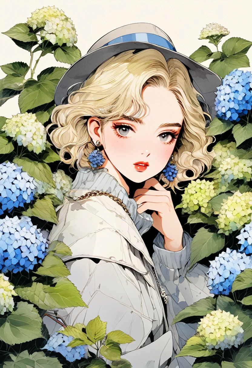 (Highest quality:0.8), (Highest quality:0.8), Perfect illustration,Beautiful woman portrait、One girl, bangs, Black nails, Blonde, Mouth closed, clavicle, ear Earrings, Earrings, Fashion G, hair ornaments, Food, Foodie, Jacket, jewelry, looking at iniewer, Medium Hair, Manicure, necklace, Earrings, short hair, Hydrangea、hydrangea, sleeines past wrists, 一人in, Both sides up, Upper Body, in, Pop Background、Droopy eyes、Celebrity Hat